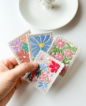 Flower Stamp Iron on Patches, Floral Embroidered Applique, Vintage Stamp Patch, Decor for Jeans Bag Sweatshirt, Small Gift Ideas