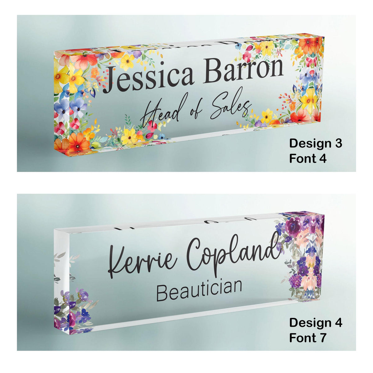 CUSTOM Floral Name Desk Plate, Personalised Name Sign Plaque for Office Decor, Clear Acrylic Block, Teacher New Job PHD Secret Santa Gift
