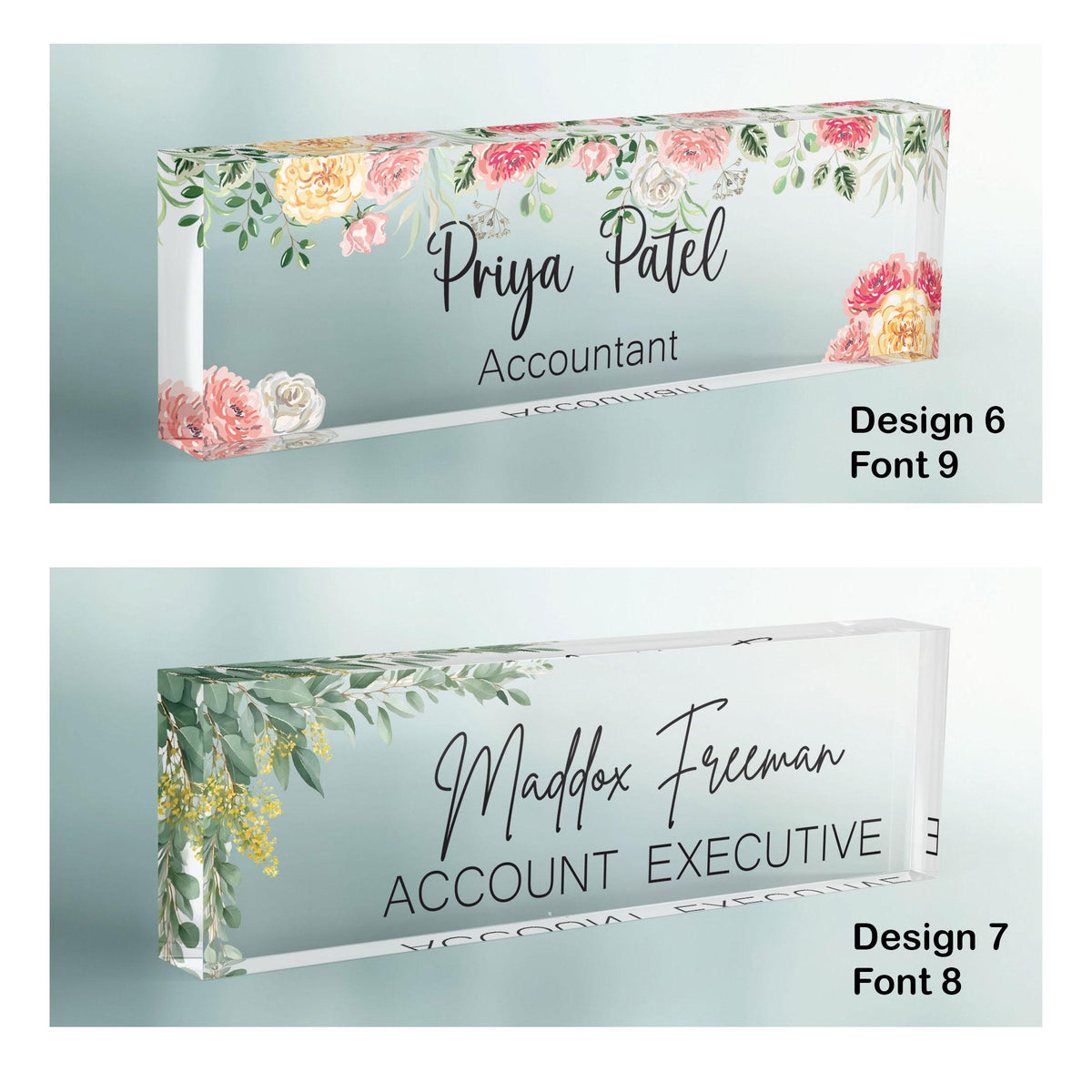 CUSTOM Floral Name Desk Plate, Personalised Name Sign Plaque for Office Decor, Clear Acrylic Block, Teacher New Job PHD Secret Santa Gift