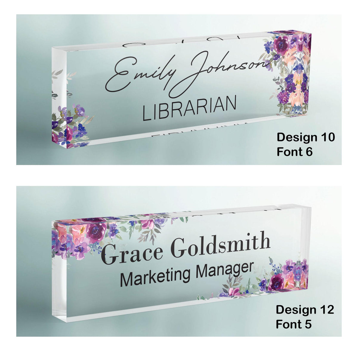 CUSTOM Floral Name Desk Plate, Personalised Name Sign Plaque for Office Decor, Clear Acrylic Block, Teacher New Job PHD Secret Santa Gift