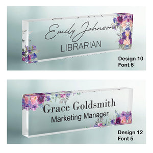 CUSTOM Floral Name Desk Plate, Personalised Name Sign Plaque for Office Decor, Clear Acrylic Block, Teacher New Job PHD Secret Santa Gift