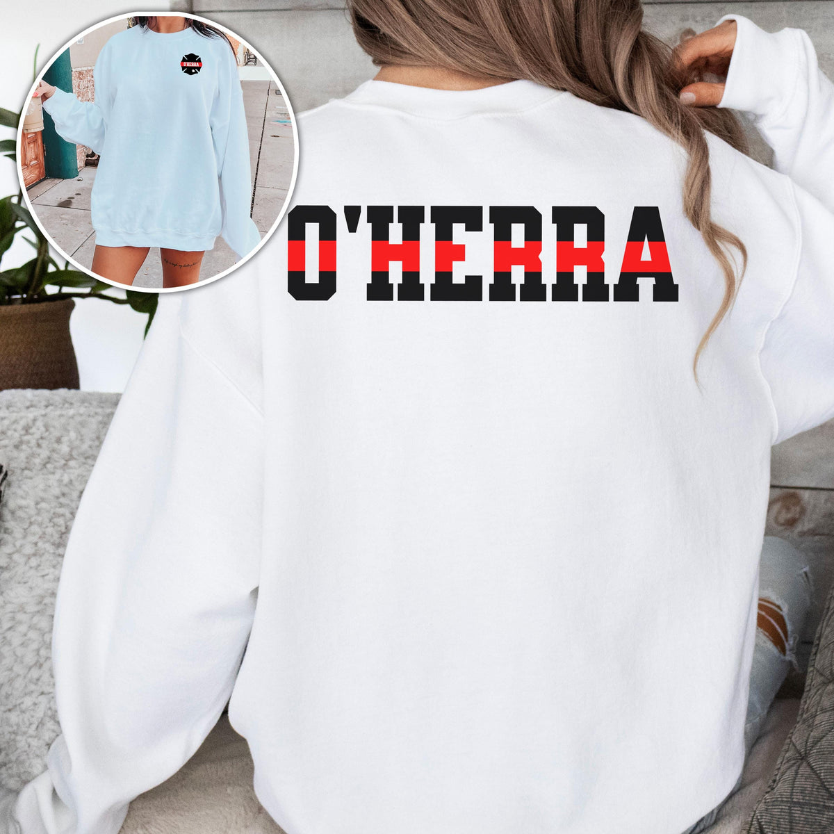 Custom Firefighter Wife Sweatshirt with Name on Badge, Personalized Fire Wife Shirt, Christmas Gift Fireman Family Sweatshirt Thin Red Line