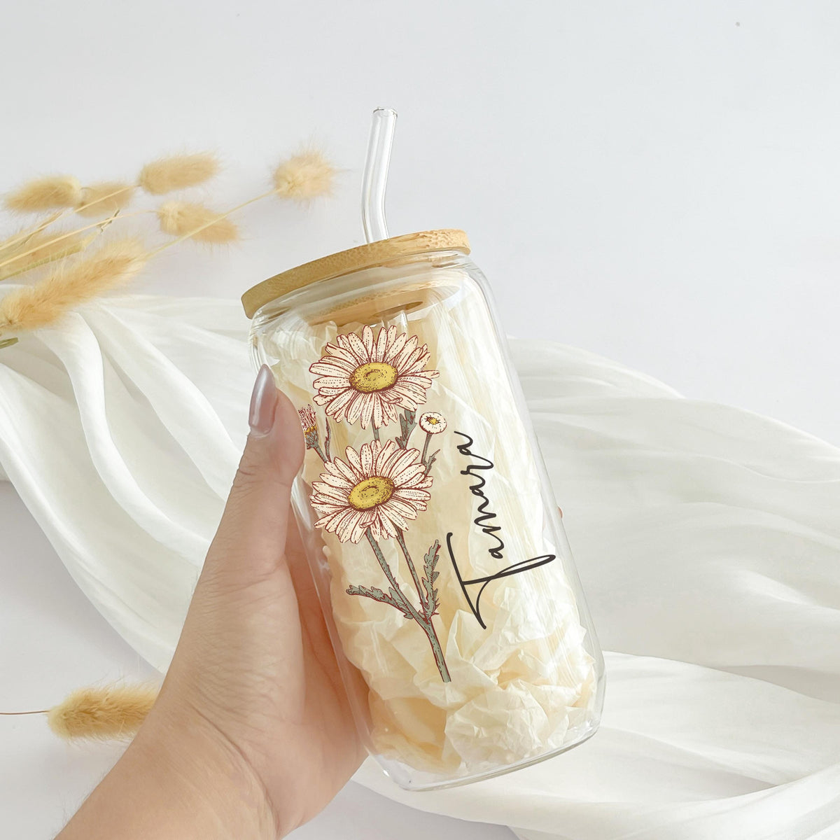 Personalized Birth Flower Tumbler With Name, Birth Flower Glass, Coffee Cup, Mothers Day, Gifts for Her , Bridesmaid Proposal, Party Favor