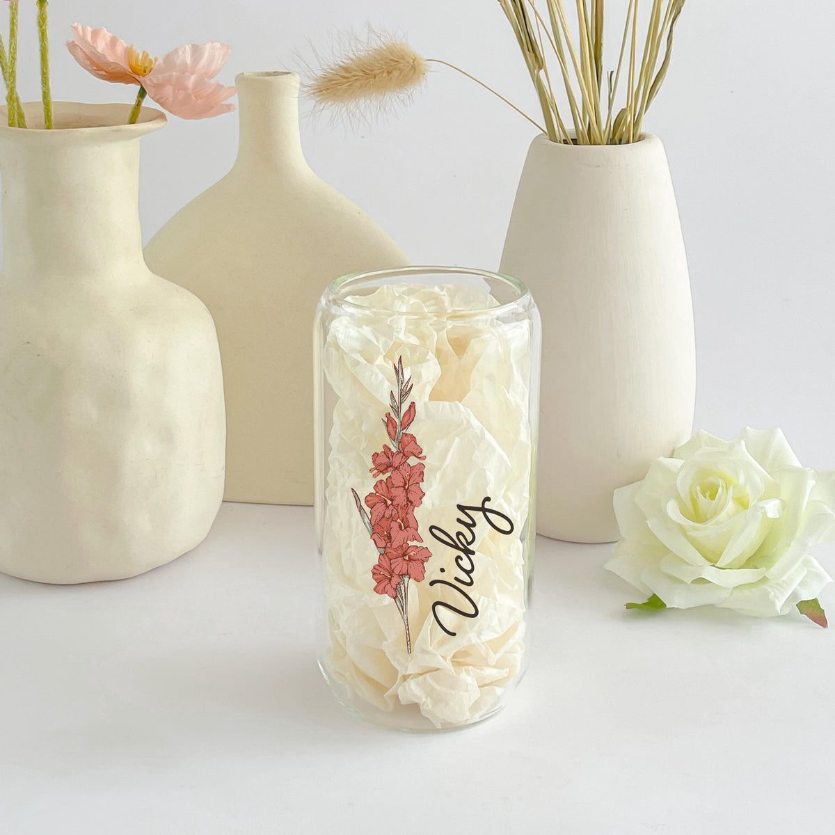 Personalized Birth Flower Tumbler With Name, Birth Flower Glass, Coffee Cup, Mothers Day, Gifts for Her , Bridesmaid Proposal, Party Favor