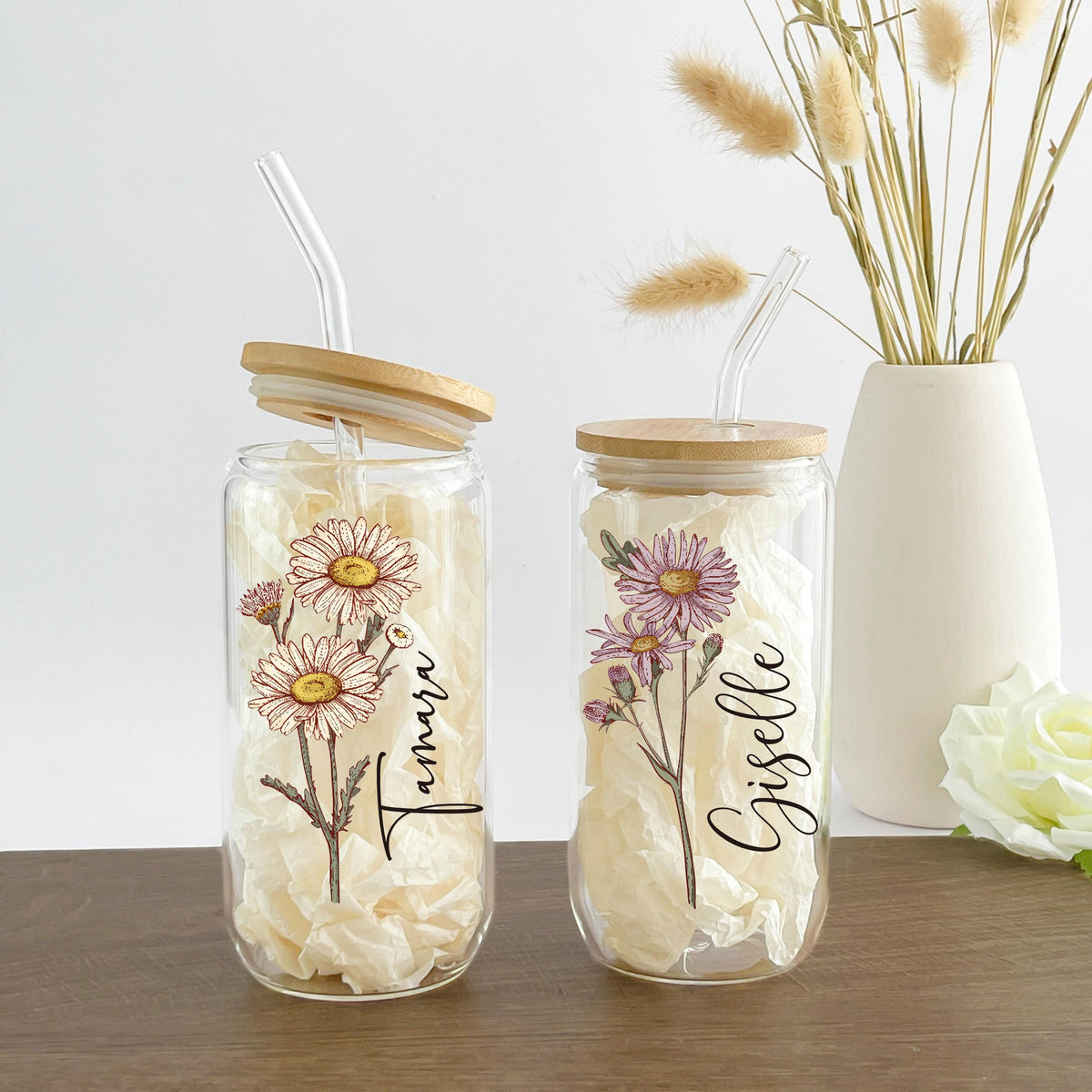 Personalized Birth Flower Tumbler With Name, Birth Flower Glass, Coffee Cup, Mothers Day, Gifts for Her , Bridesmaid Proposal, Party Favor