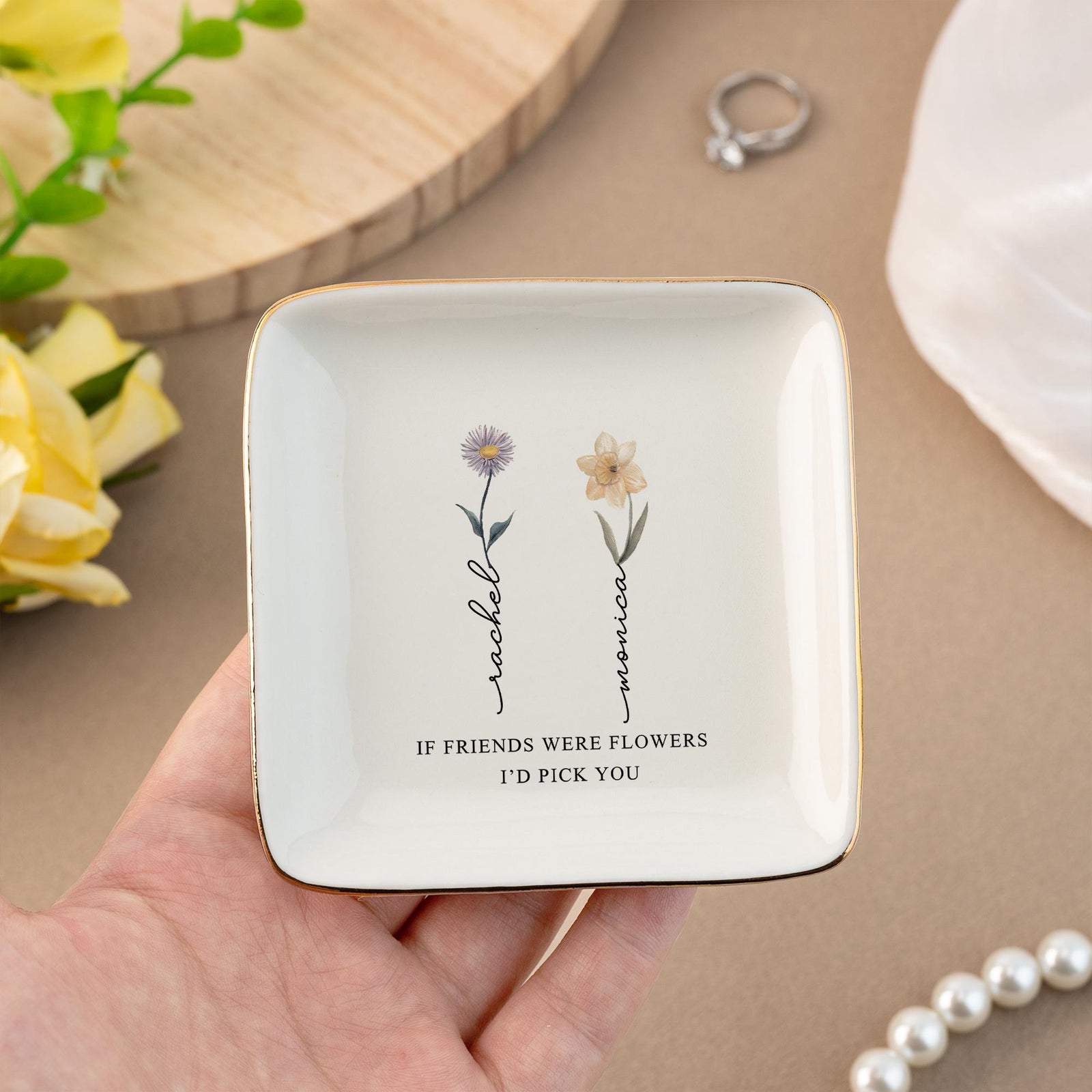 Personalized Birth Flower Jewelry Dish, Friendship Ring Dish, If Friends Were Flowers I'd Pick You, Wedding Trinket Tray, Bridesmaid Gifts