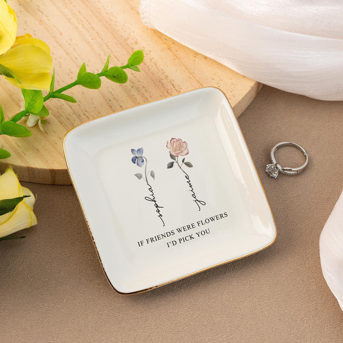 Personalized Birth Flower Jewelry Dish, Friendship Ring Dish, If Friends Were Flowers I'd Pick You, Wedding Trinket Tray, Bridesmaid Gifts