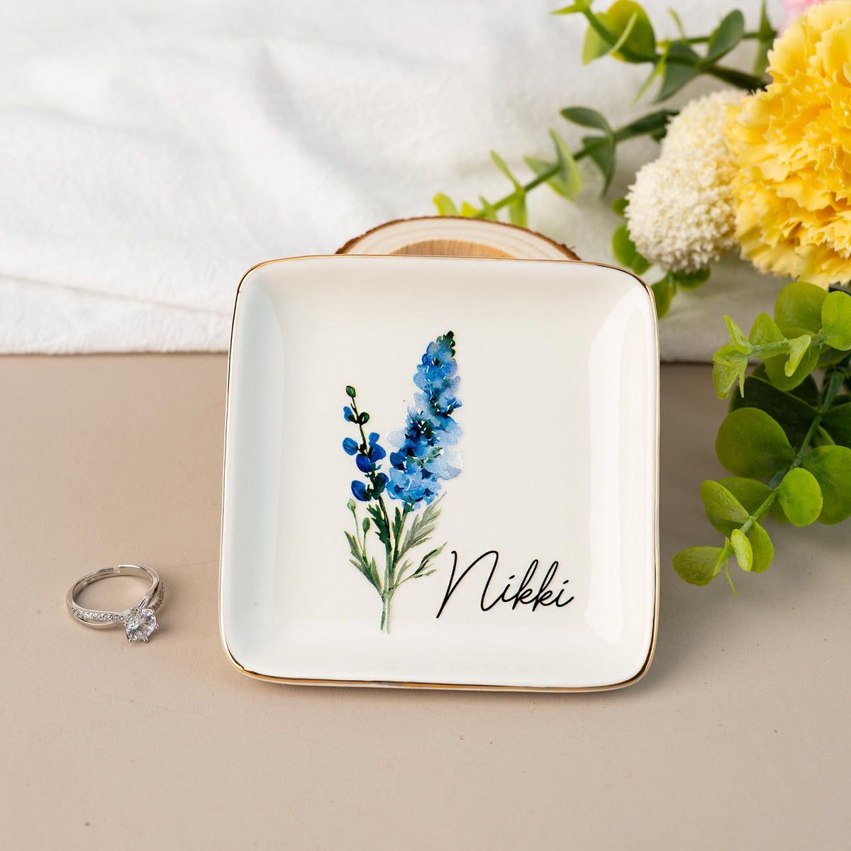 Personalised Birth Flower Trinket Dish, Watercolor Flower Ring Dish, Birthday Jewelry Dish Gift for Friend, Wedding Bridesmaid Gift