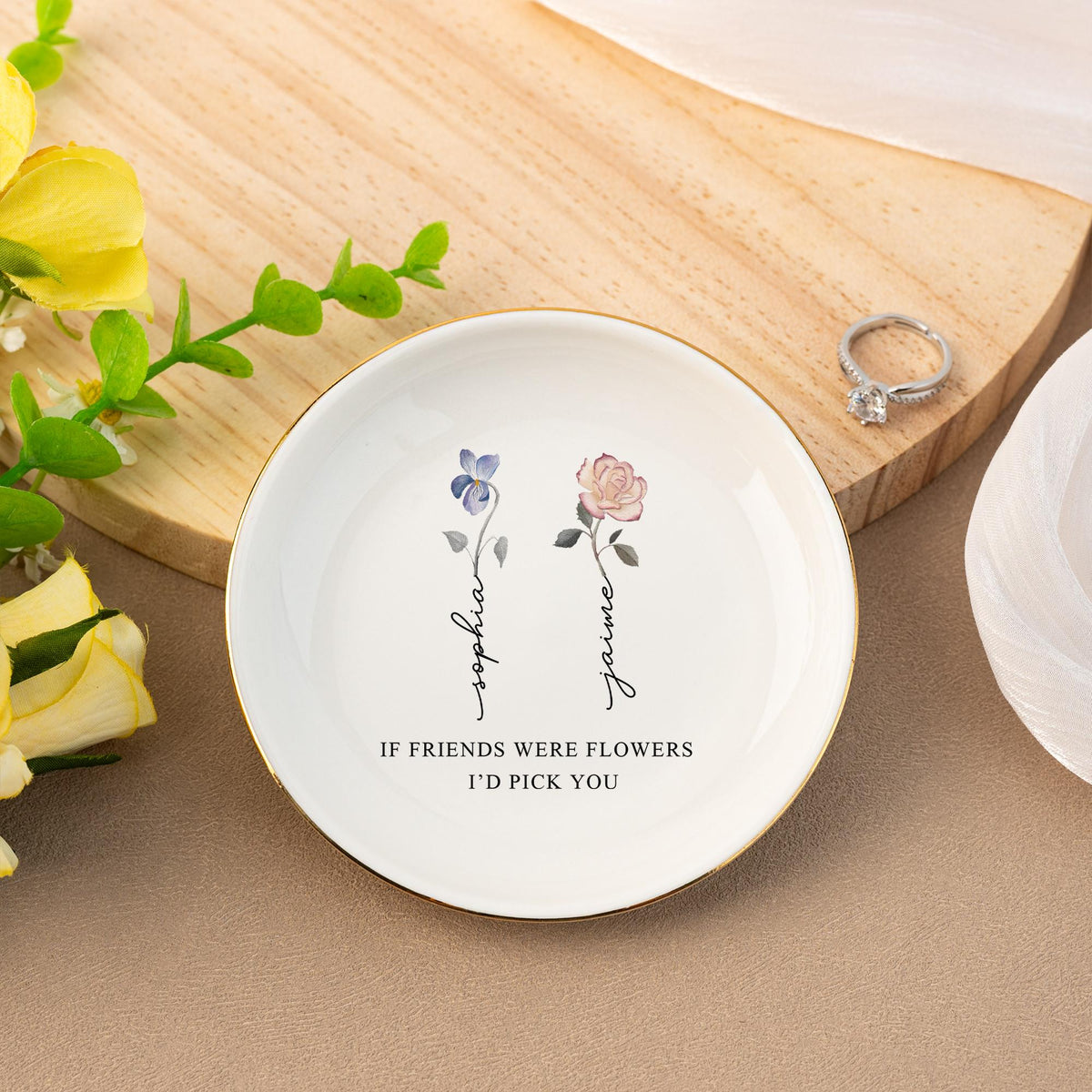 Personalized Birth Flower Jewelry Dish, Friendship Ring Dish, If Friends Were Flowers I'd Pick You, Wedding Trinket Tray, Bridesmaid Gifts