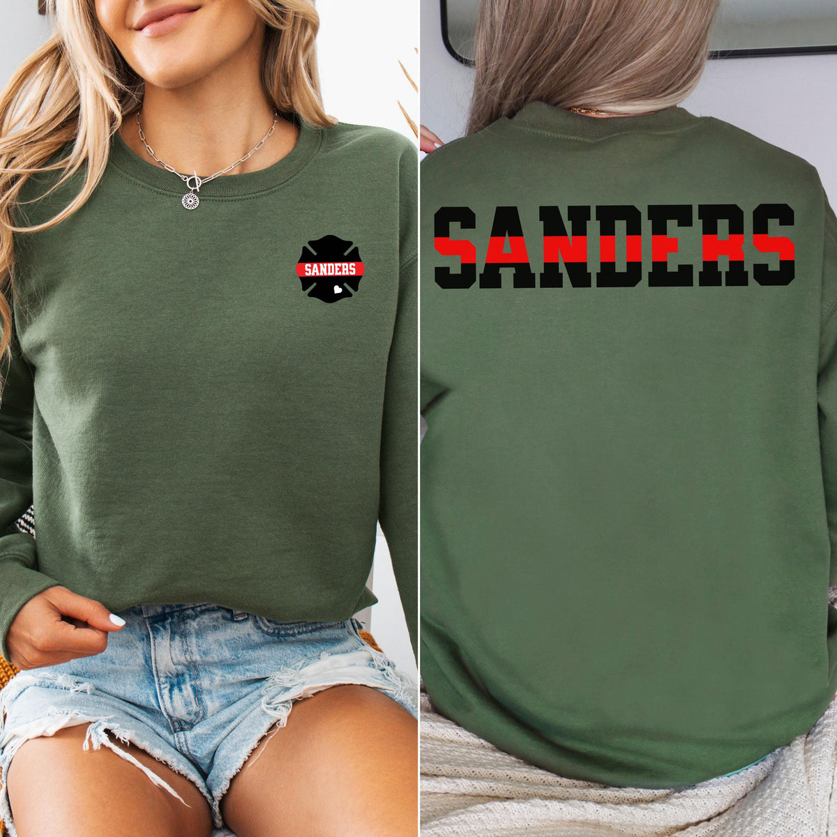 Custom Firefighter Wife Sweatshirt with Name on Badge, Personalized Fire Wife Shirt, Christmas Gift Fireman Family Sweatshirt Thin Red Line