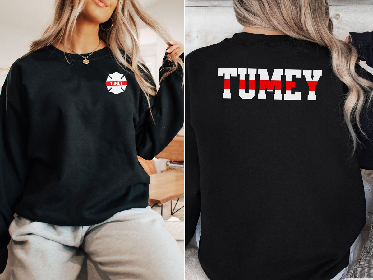 Custom Firefighter Wife Sweatshirt with Name on Badge, Personalized Fire Wife Shirt, Christmas Gift Fireman Family Sweatshirt Thin Red Line