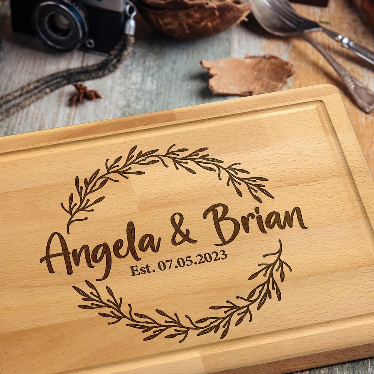 Personalized Handmade Cutting Board Farmhouse Wreath Design, Custom Wedding & Anniversary Gift for Couples, Housewarming and Closing Present