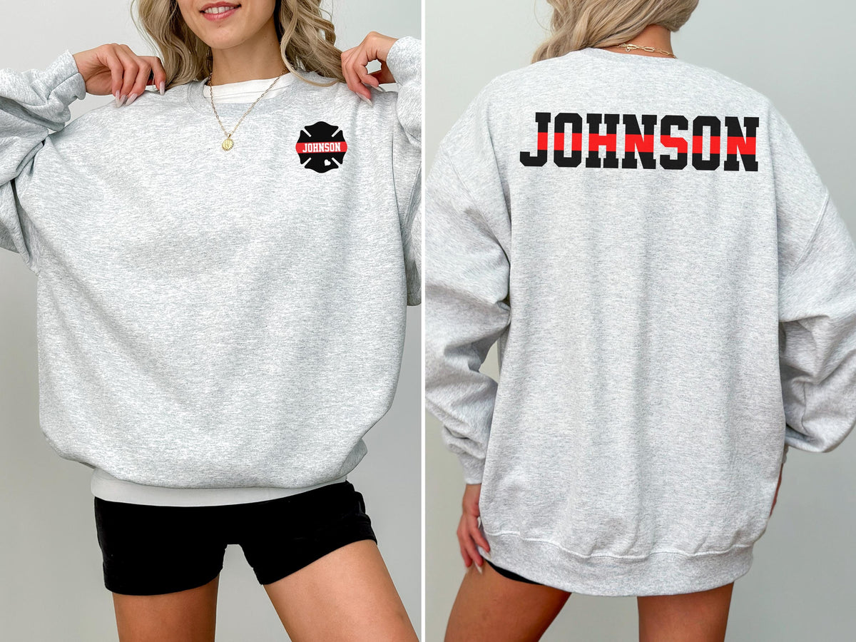 Custom Firefighter Wife Sweatshirt with Name on Badge, Personalized Fire Wife Shirt, Christmas Gift Fireman Family Sweatshirt Thin Red Line
