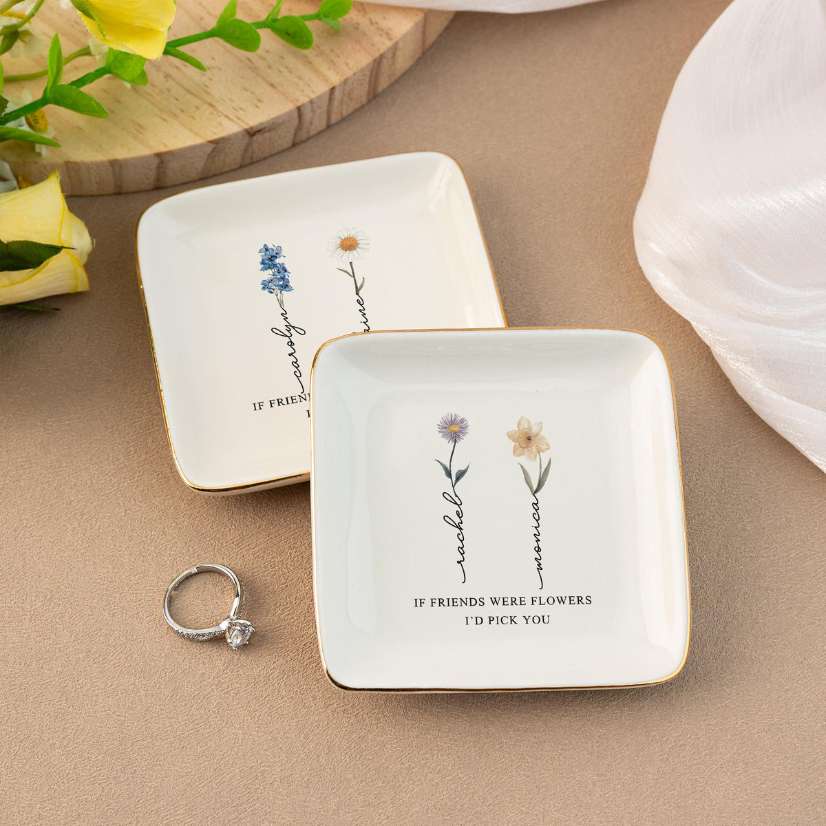 Personalized Birth Flower Jewelry Dish, Friendship Ring Dish, If Friends Were Flowers I'd Pick You, Wedding Trinket Tray, Bridesmaid Gifts
