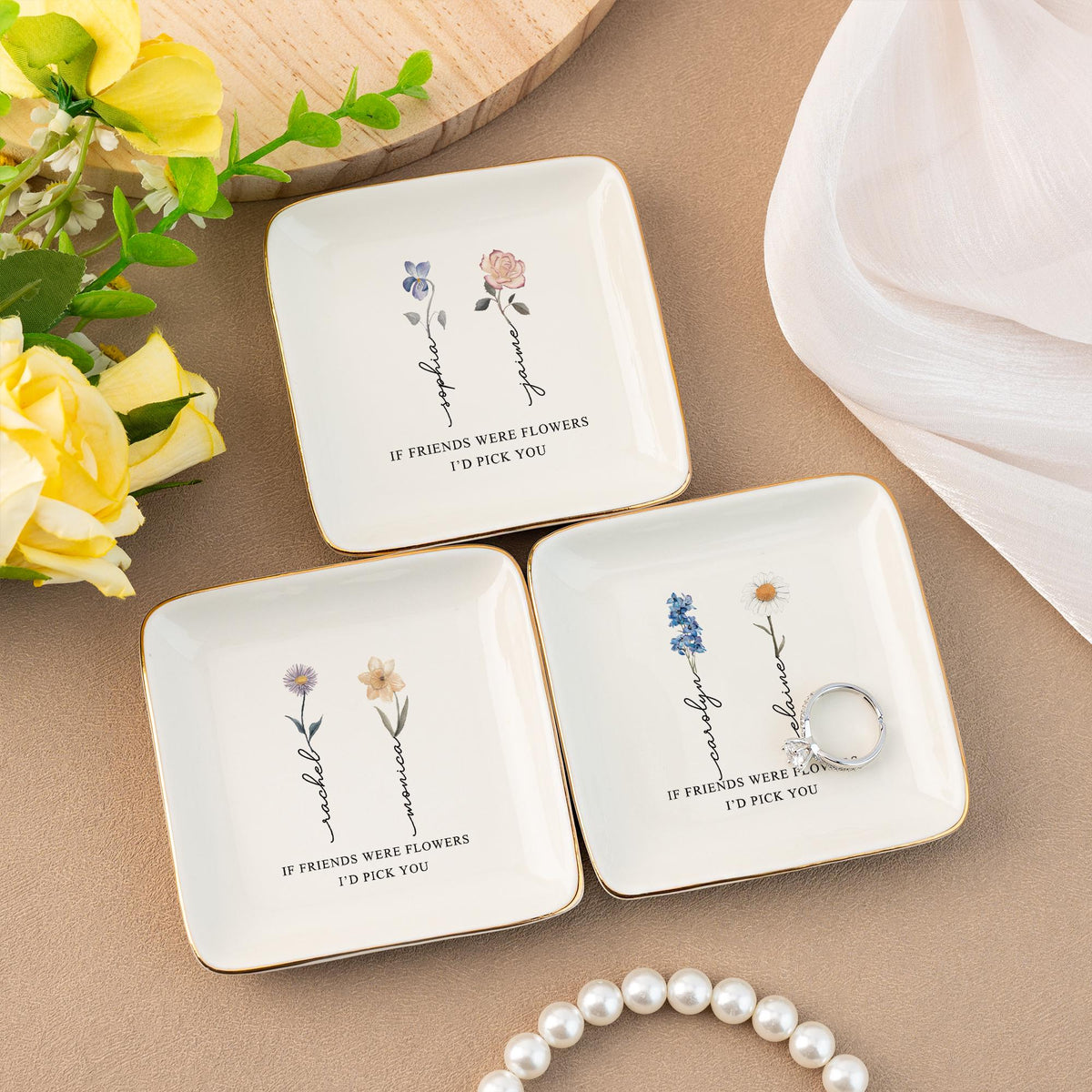Personalized Birth Flower Jewelry Dish, Friendship Ring Dish, If Friends Were Flowers I'd Pick You, Wedding Trinket Tray, Bridesmaid Gifts