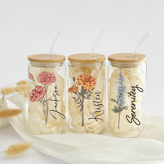 Personalized Birth Flower Tumbler With Name, Birth Flower Glass, Coffee Cup, Mothers Day, Gifts for Her , Bridesmaid Proposal, Party Favor