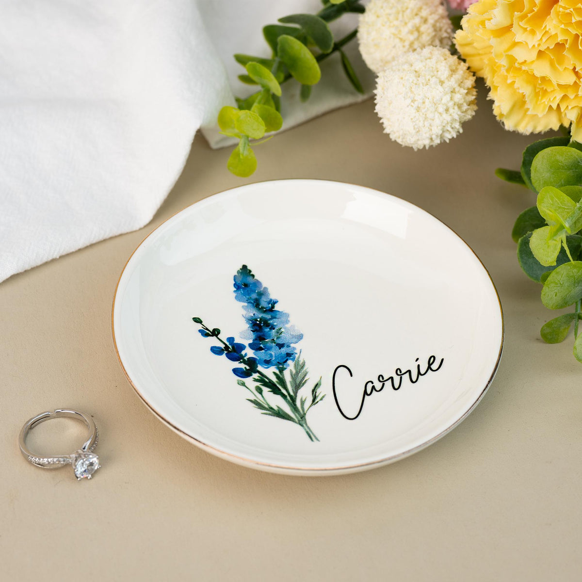Personalised Birth Flower Trinket Dish, Watercolor Flower Ring Dish, Birthday Jewelry Dish Gift for Friend, Wedding Bridesmaid Gift