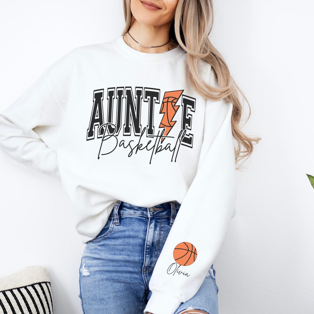 Aunt Basketball Sweatshirt Custom Basketball Auntie Sweatshirt Name on Sleeve Basketball Aunt Sweatshirt Personalized Basketball Gift Aunt