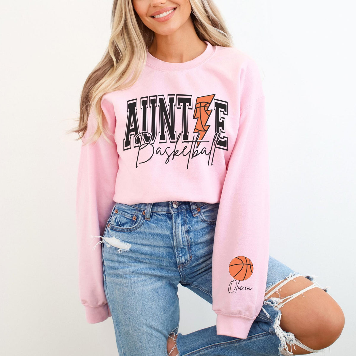 Aunt Basketball Sweatshirt Custom Basketball Auntie Sweatshirt Name on Sleeve Basketball Aunt Sweatshirt Personalized Basketball Gift Aunt