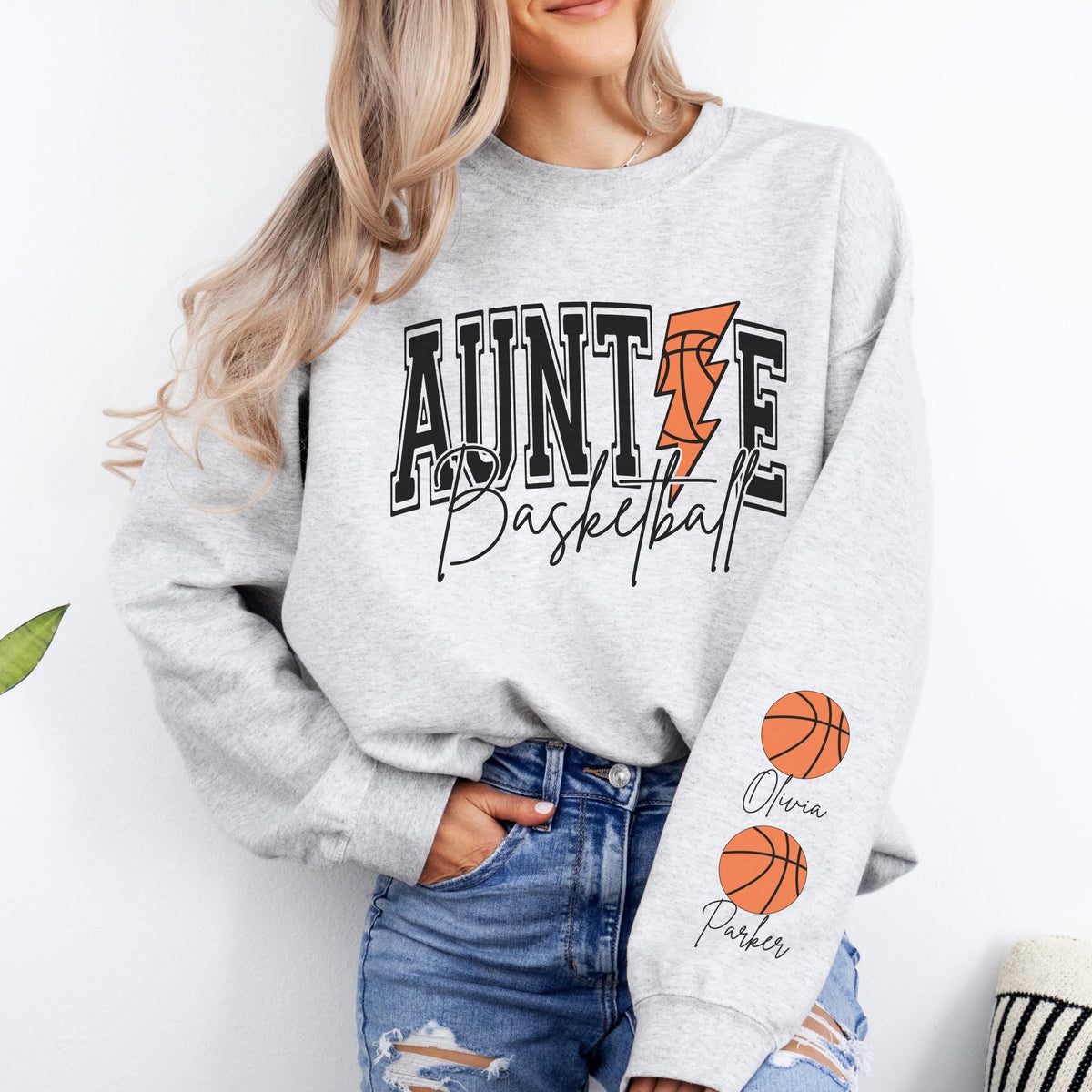 Aunt Basketball Sweatshirt Custom Basketball Auntie Sweatshirt Name on Sleeve Basketball Aunt Sweatshirt Personalized Basketball Gift Aunt