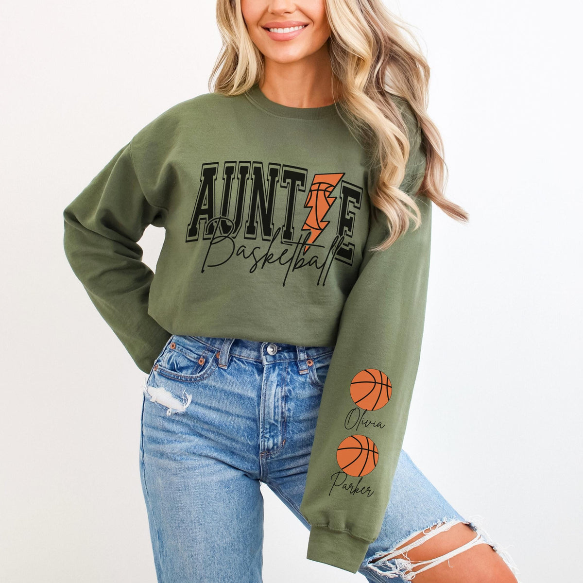 Aunt Basketball Sweatshirt Custom Basketball Auntie Sweatshirt Name on Sleeve Basketball Aunt Sweatshirt Personalized Basketball Gift Aunt