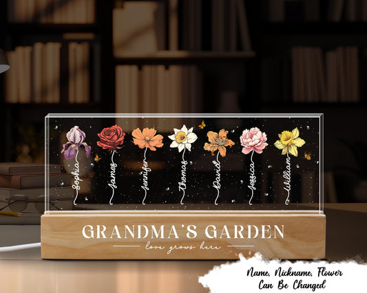 Mother's Day Gift Grandma's Garden Birth Month Flower Personalized LED Night Light, Grandparent Gift For Grandma Mom, Custom Night Light