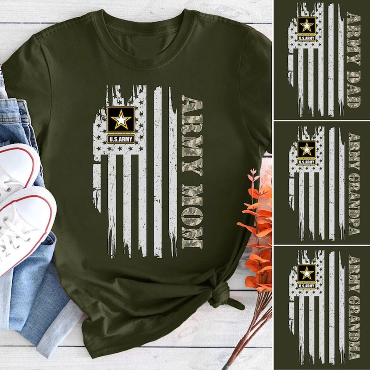 Custom Proud Army Family Mom Dad Brother Sister Papa Shirts, Personalized Army Dad T-Shirt, USA Army Family Outfits, Military Family Gift