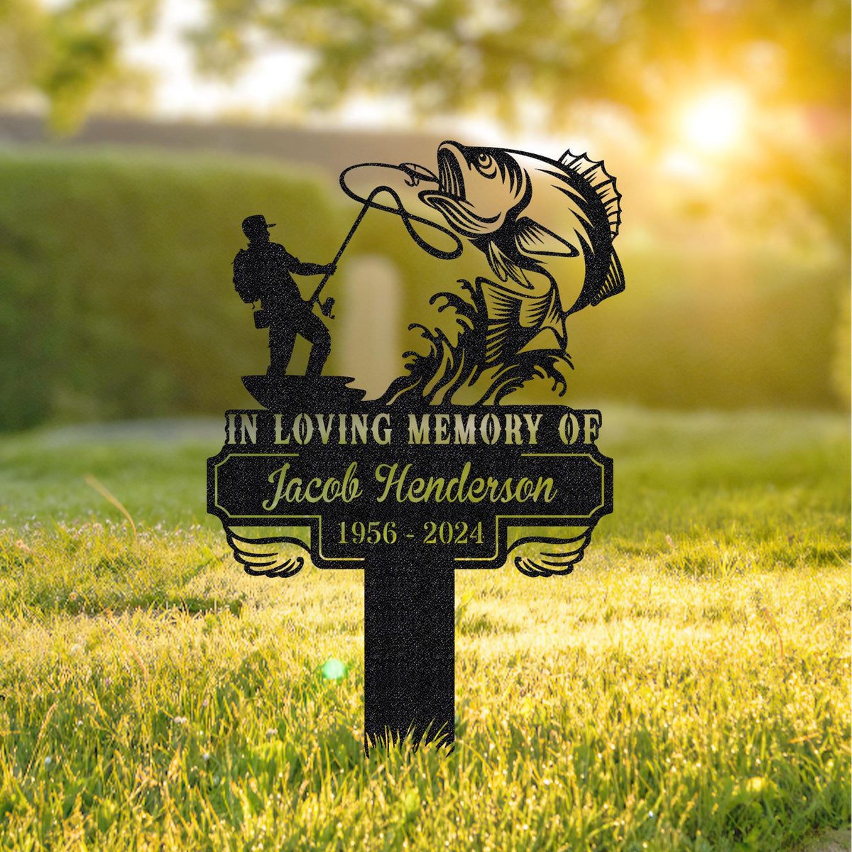 Personalized Fishing Memorial Stake Metal,Fisherman With Stake Outdoor Decor,Fisherman Memorial Gift,Fishing Dad Sympathy,Grave Marker,Gifts