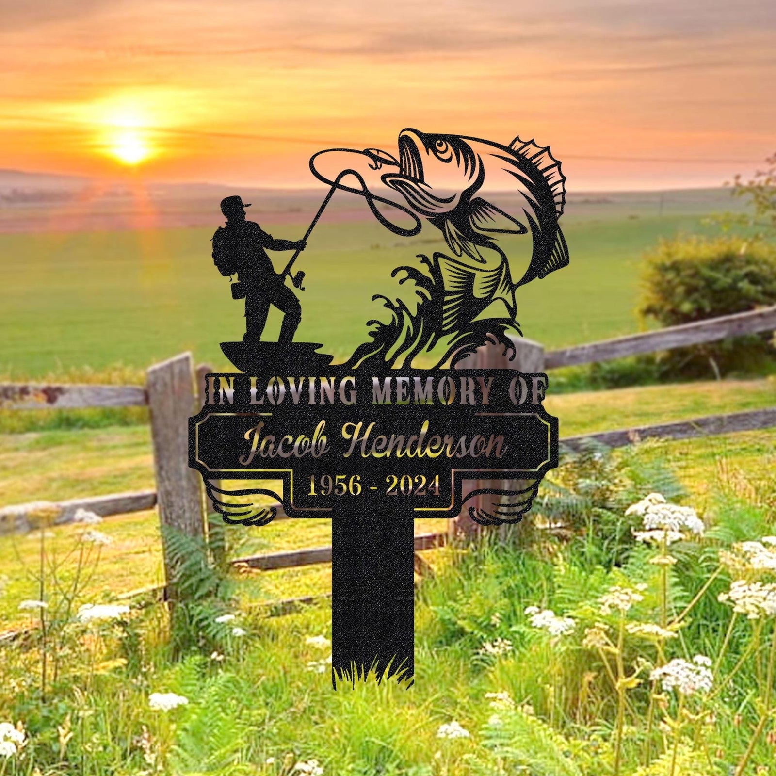 Personalized Fishing Memorial Stake Metal,Fisherman With Stake Outdoor Decor,Fisherman Memorial Gift,Fishing Dad Sympathy,Grave Marker,Gifts