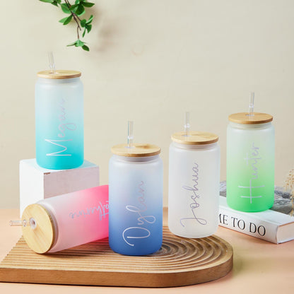 Personalized Glass Tumbler, Frosted Glass Tumbler, Glass Cup with Lid and Straw, Bridesmaid Gift, Iced Coffee Cup, Bachelorette Party Gift