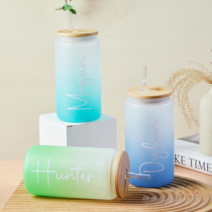 Personalized Glass Tumbler, Frosted Glass Tumbler, Glass Cup with Lid and Straw, Bridesmaid Gift, Iced Coffee Cup, Bachelorette Party Gift