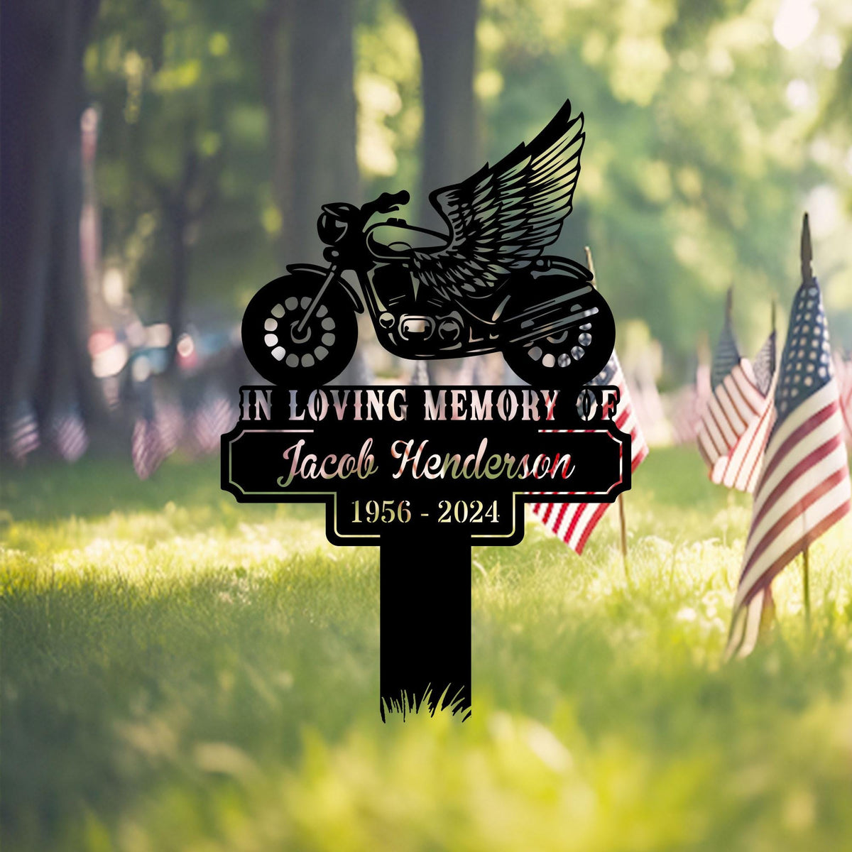 Custom Rider Memorial Metal Stake Outdoor Decor,Biker With Stake Sign,Motorcycle with Wings Metal Sign,Biker Name Sign,Grave Marker,Garden