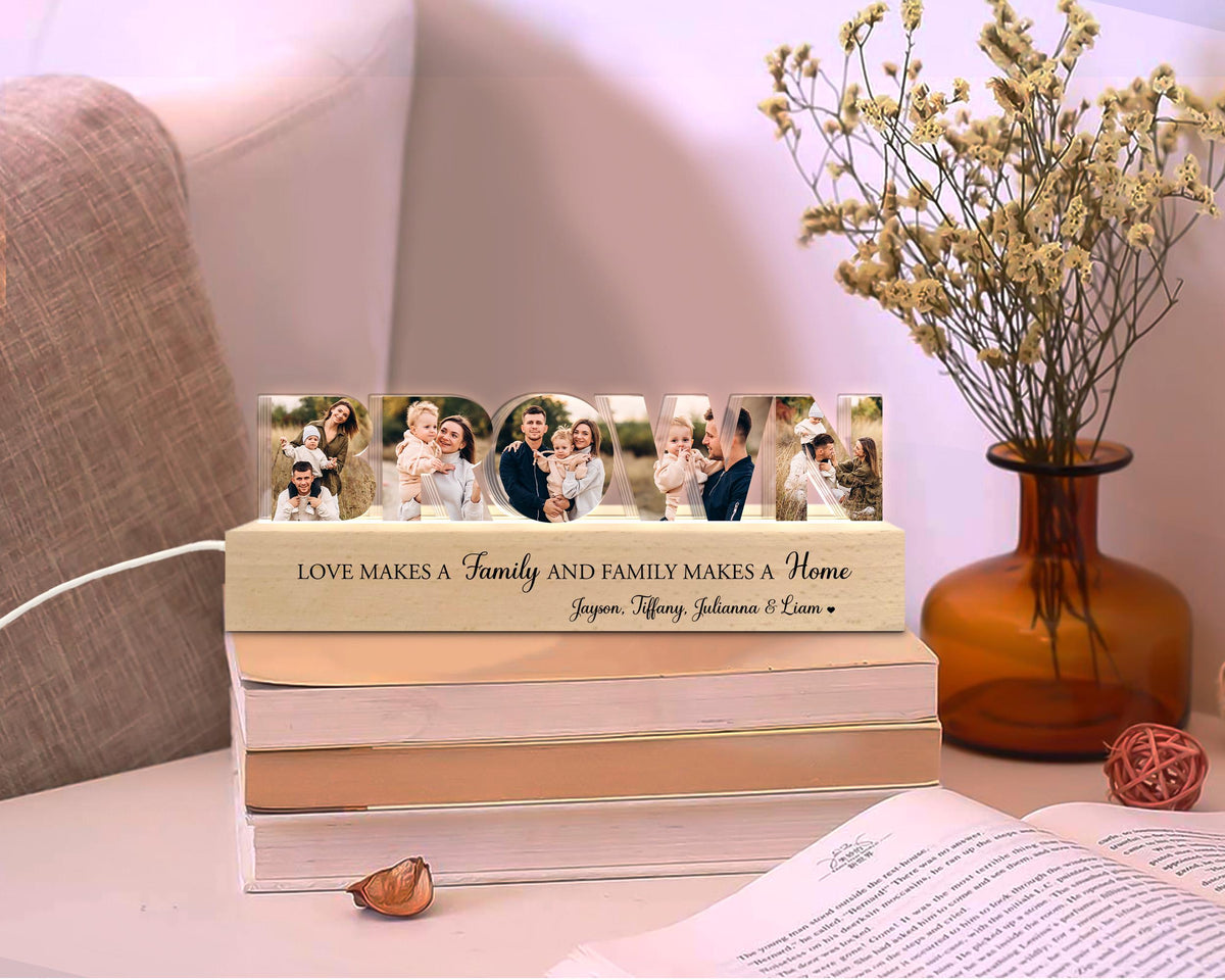 Personalized Family Name Photo Collage Night Light, Family Photo Gift, Anniversary Gift, Gift for Dad, Mom Birthday Gift, Gift For Her