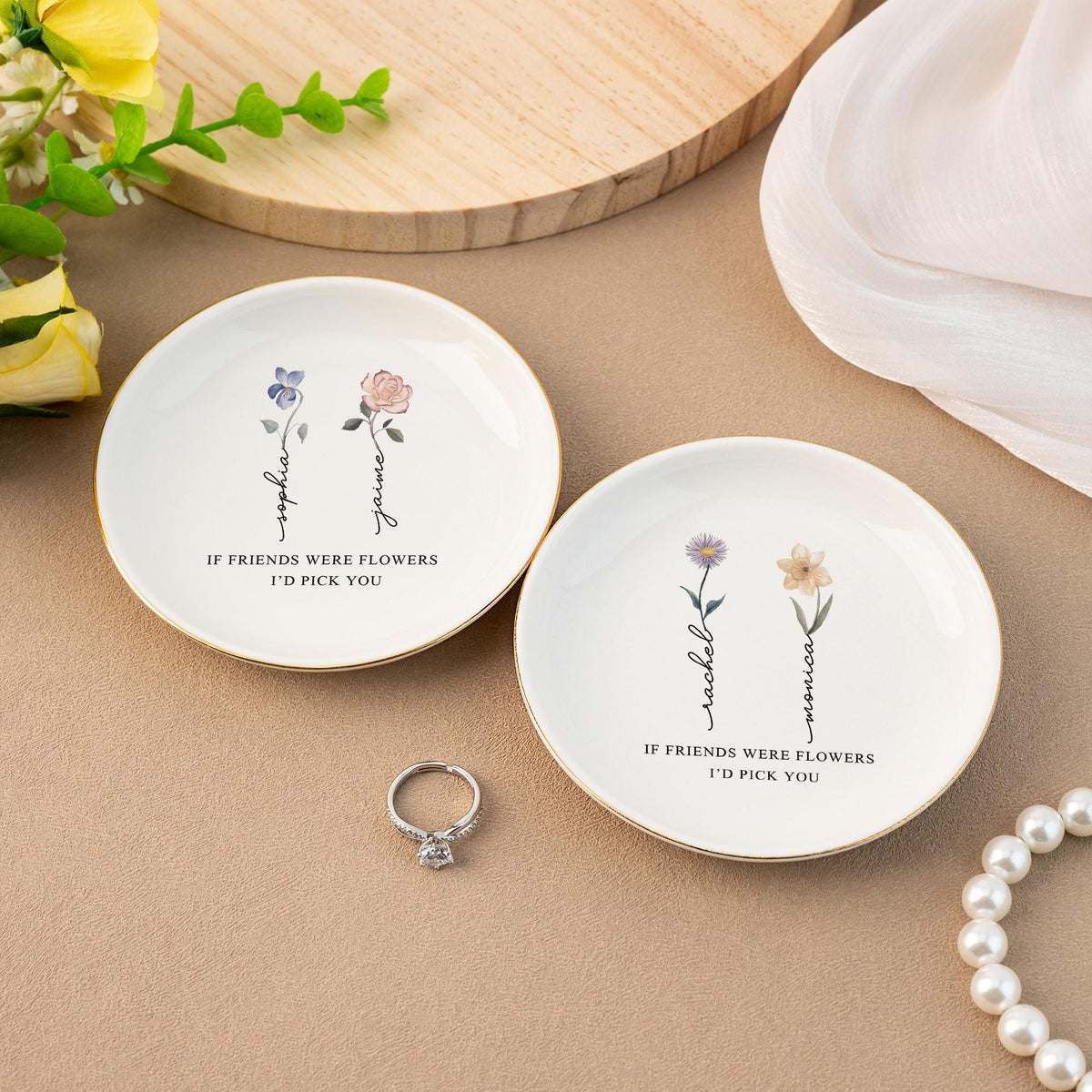 Personalized Birth Flower Jewelry Dish, Friendship Ring Dish, If Friends Were Flowers I'd Pick You, Wedding Trinket Tray, Bridesmaid Gifts
