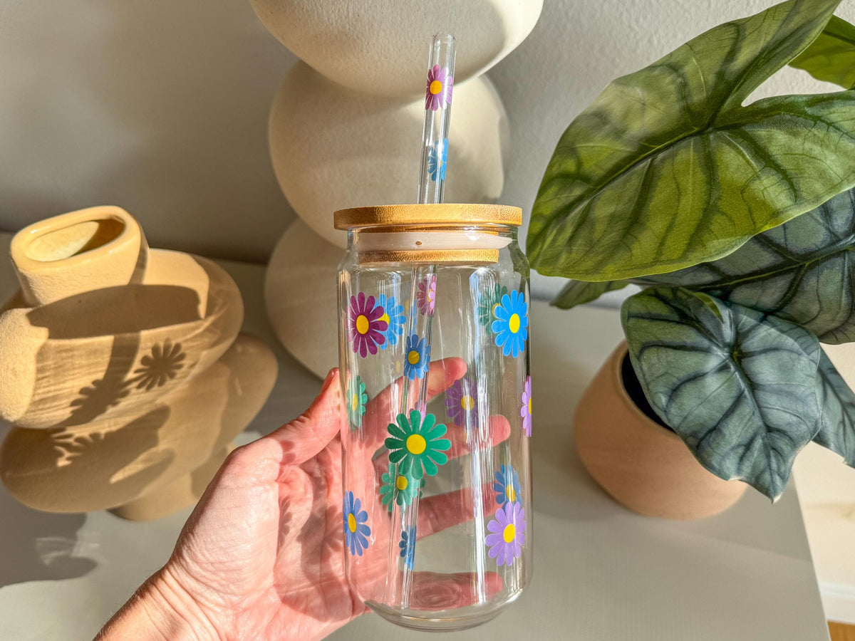 Glass Cup with Lid & Straw, Beer Can Glass, Flower Glass Cup, Ice Coffee Glass, Christmas Gift for Mom, Dishwasher Safe