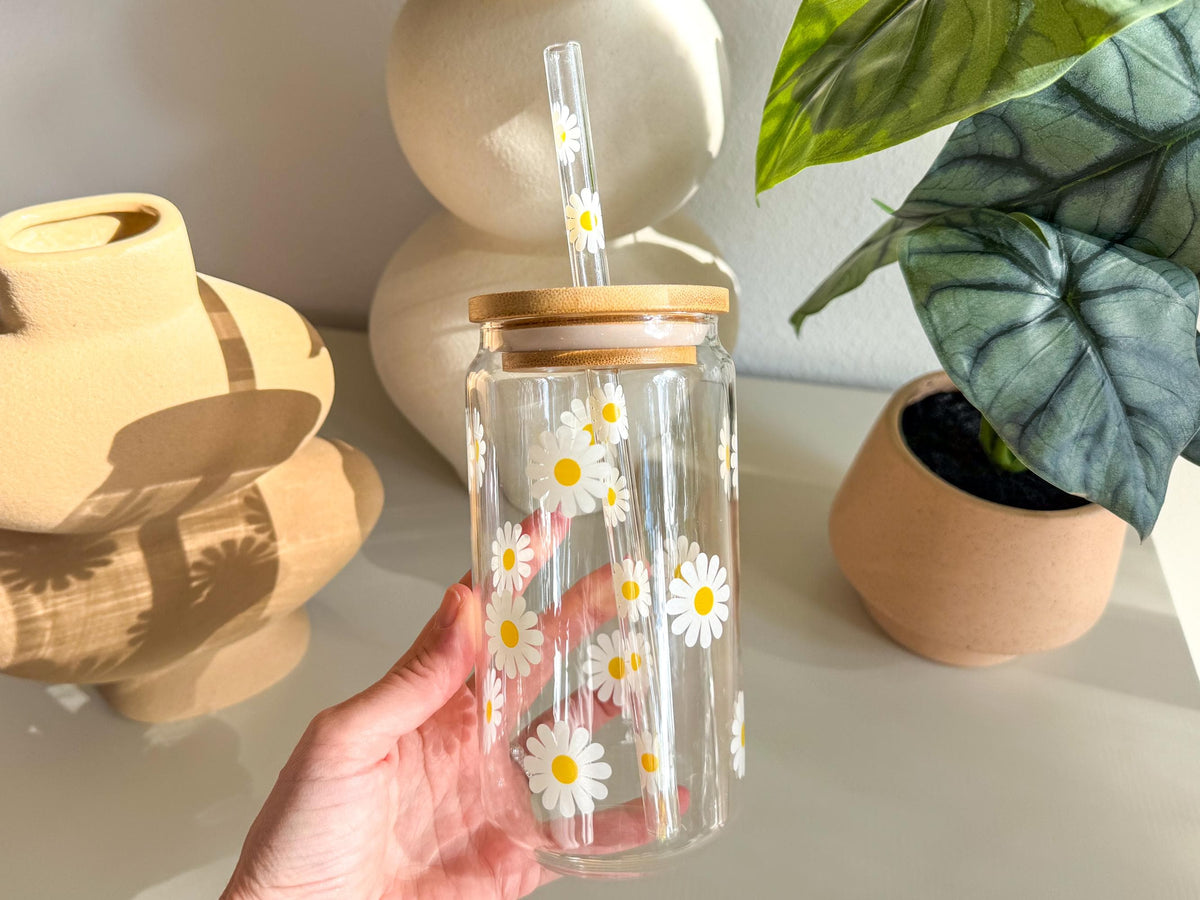 Glass Cup with Lid & Straw, Beer Can Glass, Flower Glass Cup, Ice Coffee Glass, Christmas Gift for Mom, Dishwasher Safe