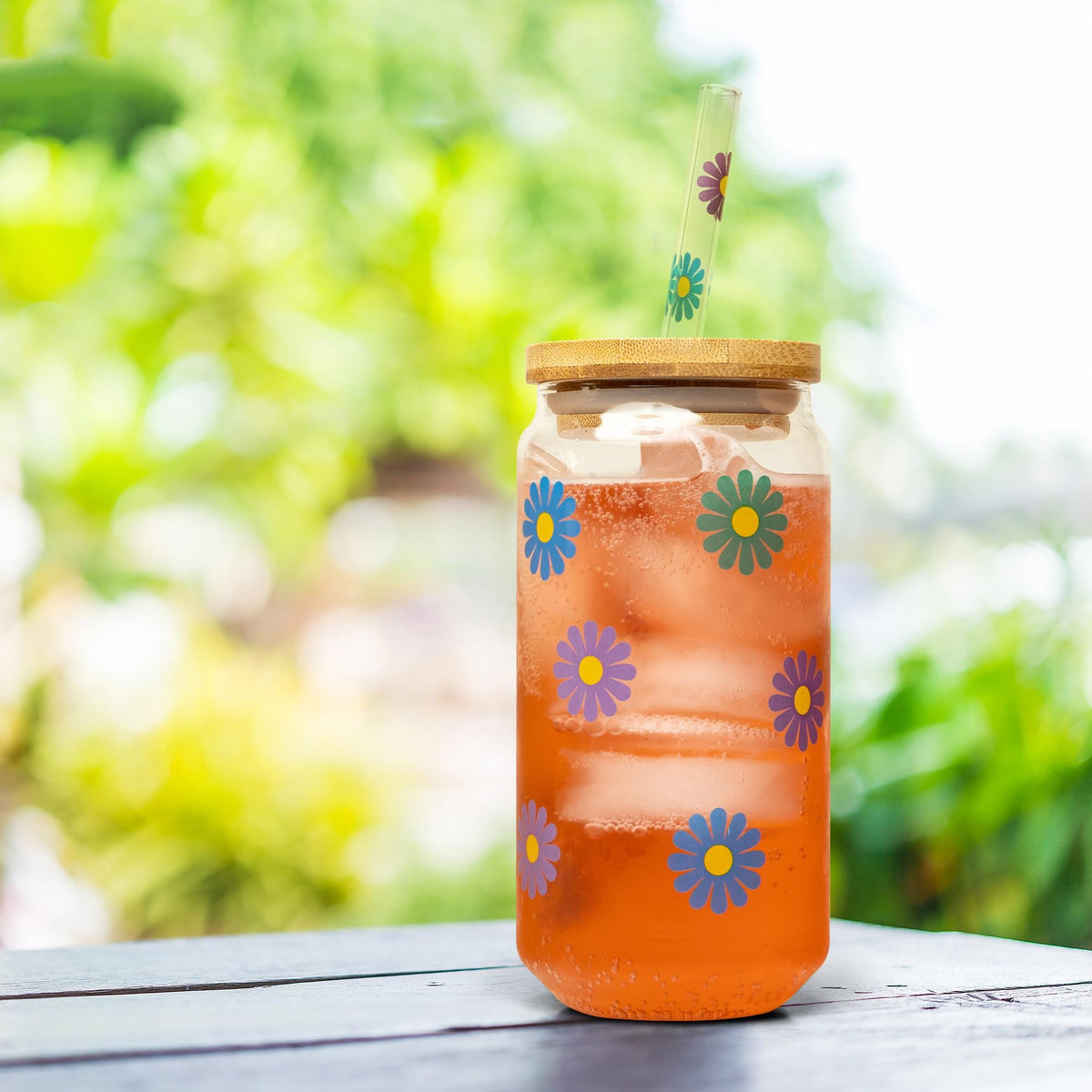 Glass Cup with Lid & Straw, Beer Can Glass, Flower Glass Cup, Ice Coffee Glass, Christmas Gift for Mom, Dishwasher Safe
