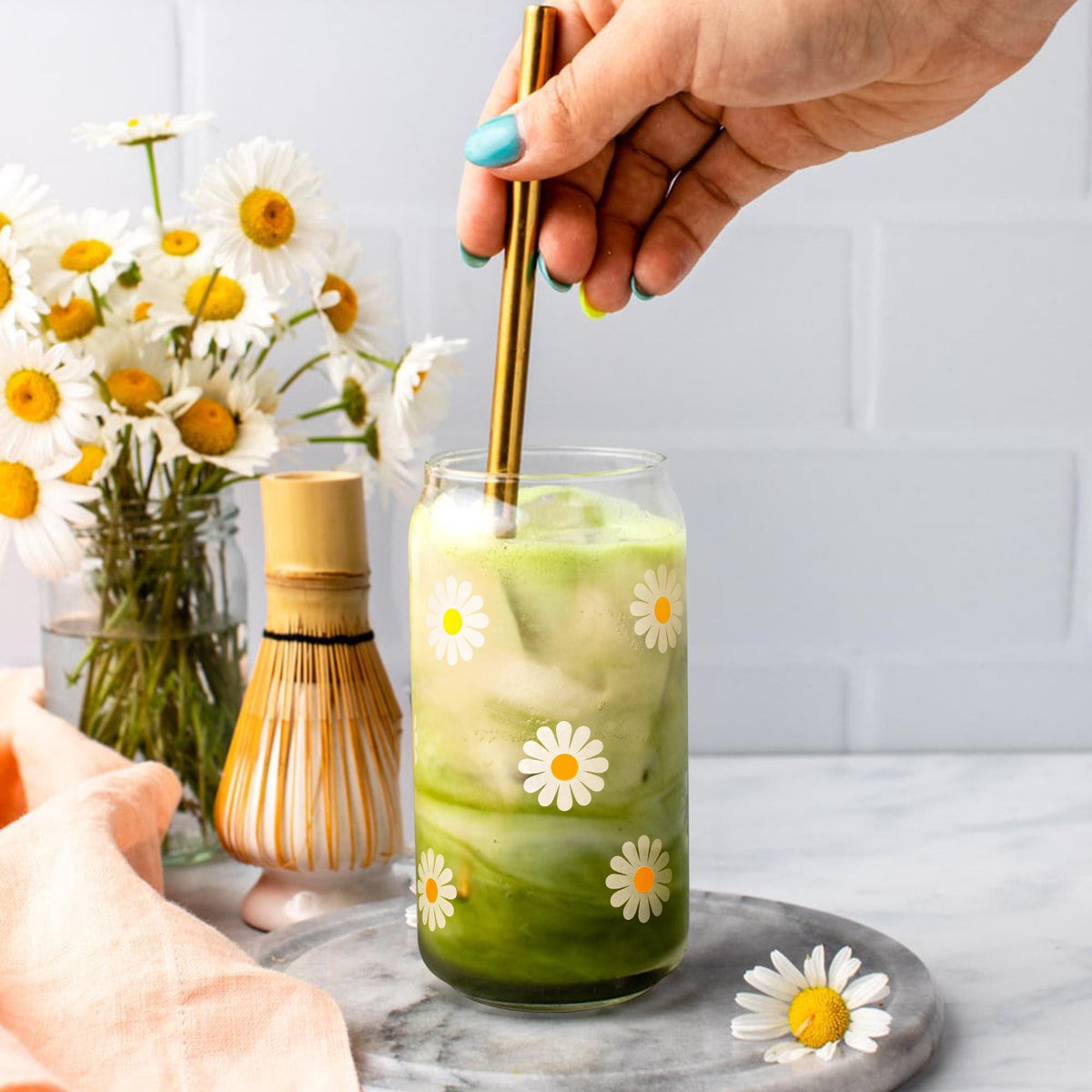 Glass Cup with Lid & Straw, Beer Can Glass, Flower Glass Cup, Ice Coffee Glass, Christmas Gift for Mom, Dishwasher Safe