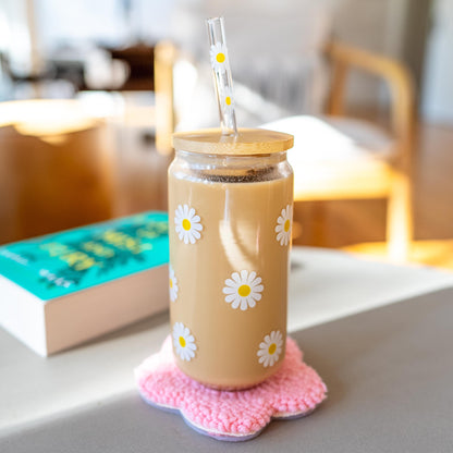 Glass Cup with Lid & Straw, Beer Can Glass, Flower Glass Cup, Ice Coffee Glass, Christmas Gift for Mom, Dishwasher Safe