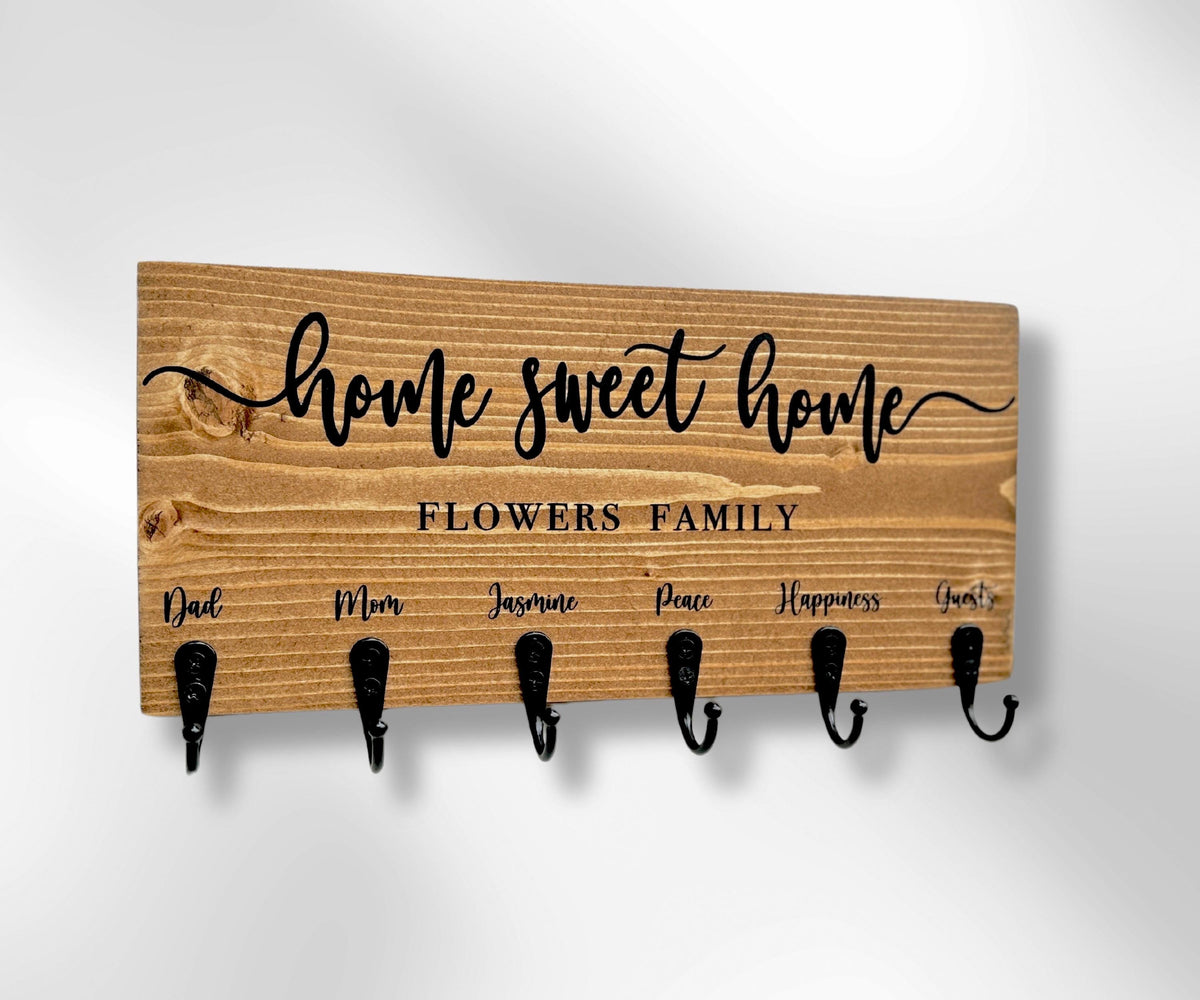 Home Sweet Home Key Holder for Wall, Custom Key Rack, Personalized Gifts for Couples, Family Name Sign, Rustic Welcome Sign, Key Hooks