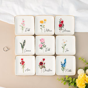 Personalised Birth Flower Trinket Dish, Watercolor Flower Ring Dish, Birthday Jewelry Dish Gift for Friend, Wedding Bridesmaid Gift