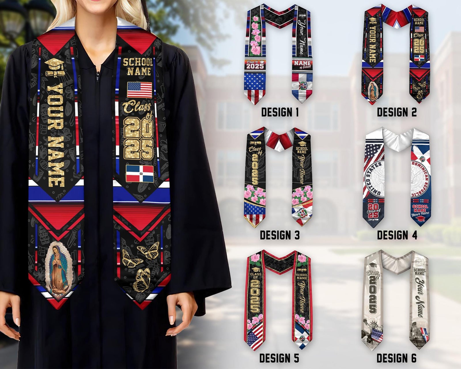 Personalized Dominicans American Flag Graduation Sash 2025, Dominican Republic Graduation Stole Customize 2025, Custom Graduation Stole 2025