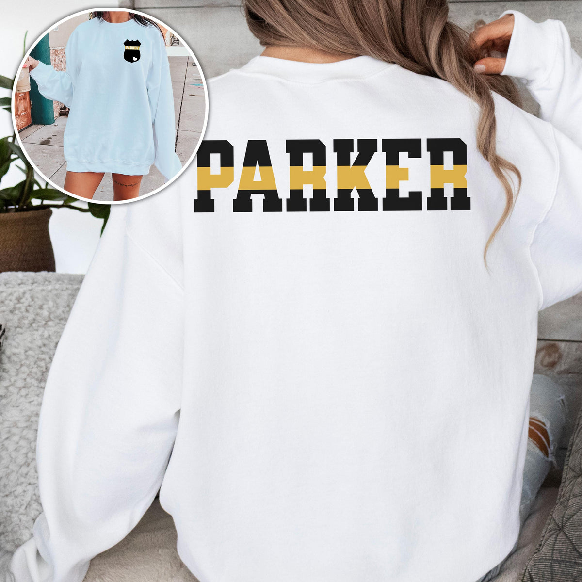 Custom 911 Dispatcher Sweatshirt with Name on Badge, Personalized 911 Operator Shirt, Christmas Gift Police Family Sweatshirt Thin Gold Line