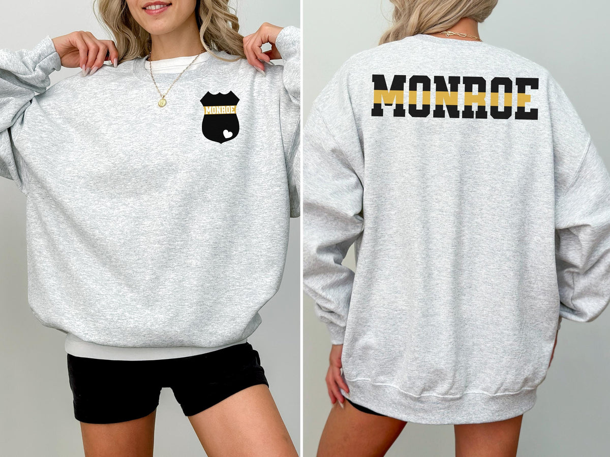 Custom 911 Dispatcher Sweatshirt with Name on Badge, Personalized 911 Operator Shirt, Christmas Gift Police Family Sweatshirt Thin Gold Line