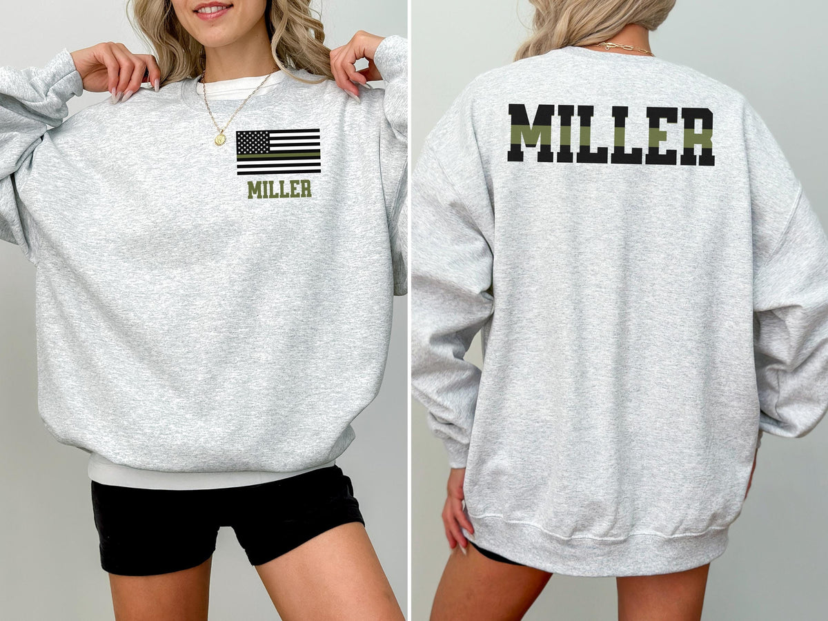 Custom Army Wife Sweatshirt with Name, Personalized Army Solider Family Shirt, Christmas Gift Proud Military Family Sweatshirt Green Line