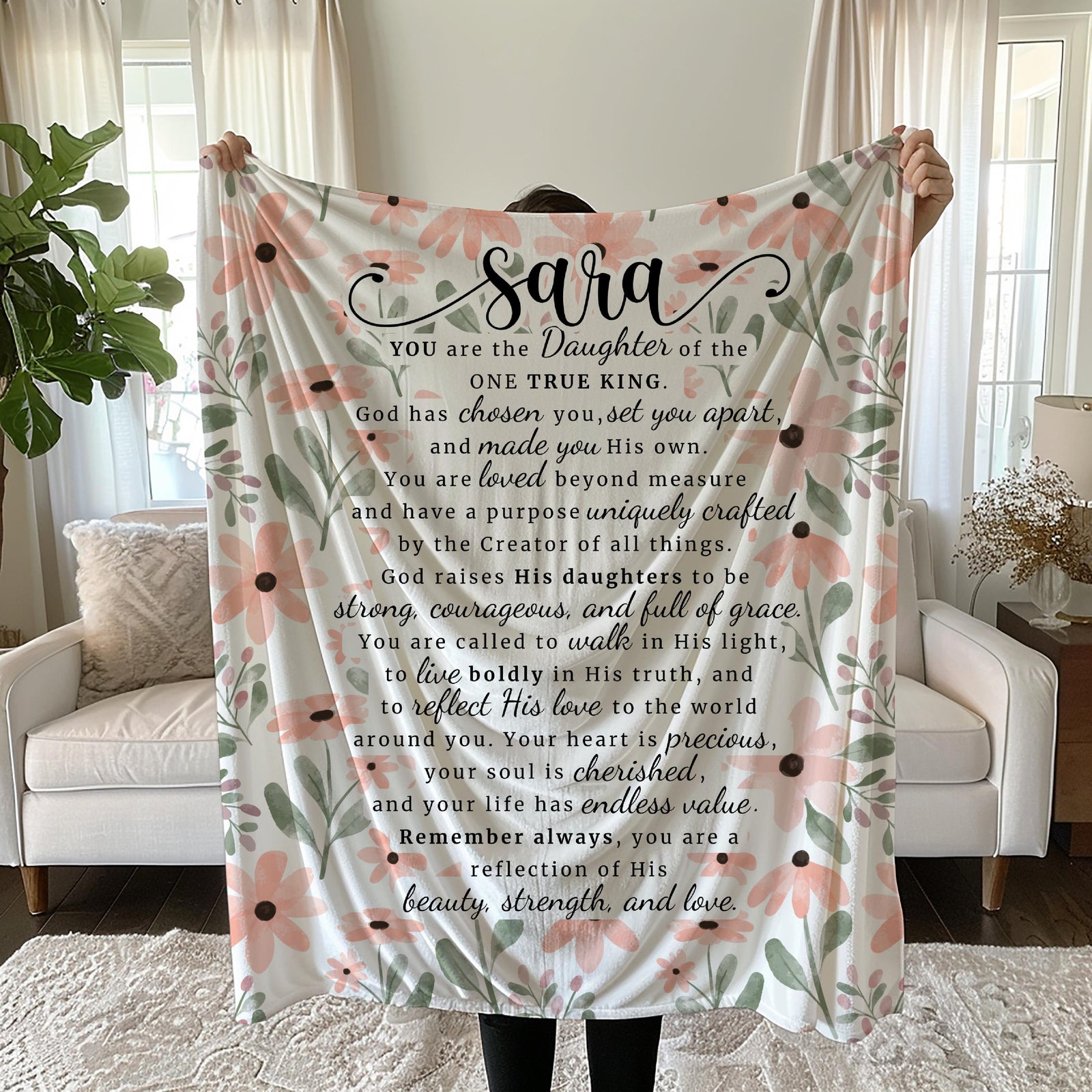 Personalized Christian Blanket for Women, Custom Faith-Based Gift with Name, Daughter of the King, Religious Inspirational Throw for Ladies