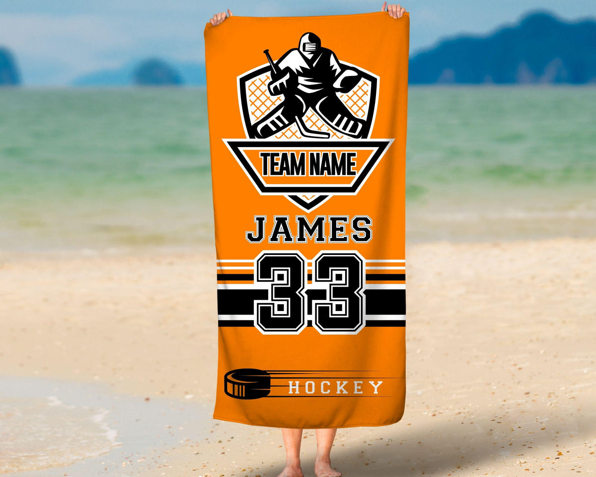Personalized Hockey Team Beach Towel, Custom Hockey Dad Gift, Sports Mom Towel, Hockey Baby Name Gift, Hockey Jersey Number, Sports Fan Gift
