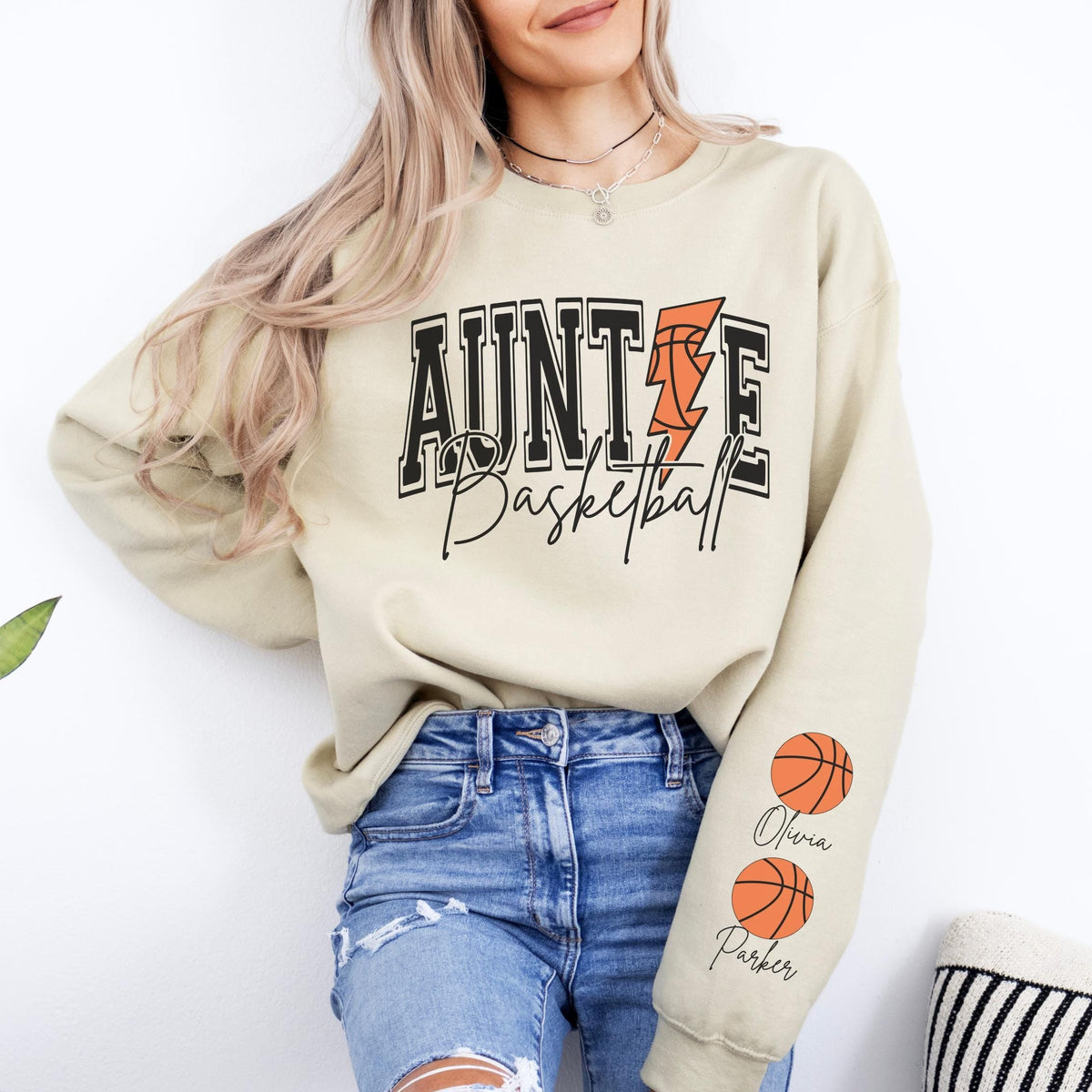 Aunt Basketball Sweatshirt Custom Basketball Auntie Sweatshirt Name on Sleeve Basketball Aunt Sweatshirt Personalized Basketball Gift Aunt