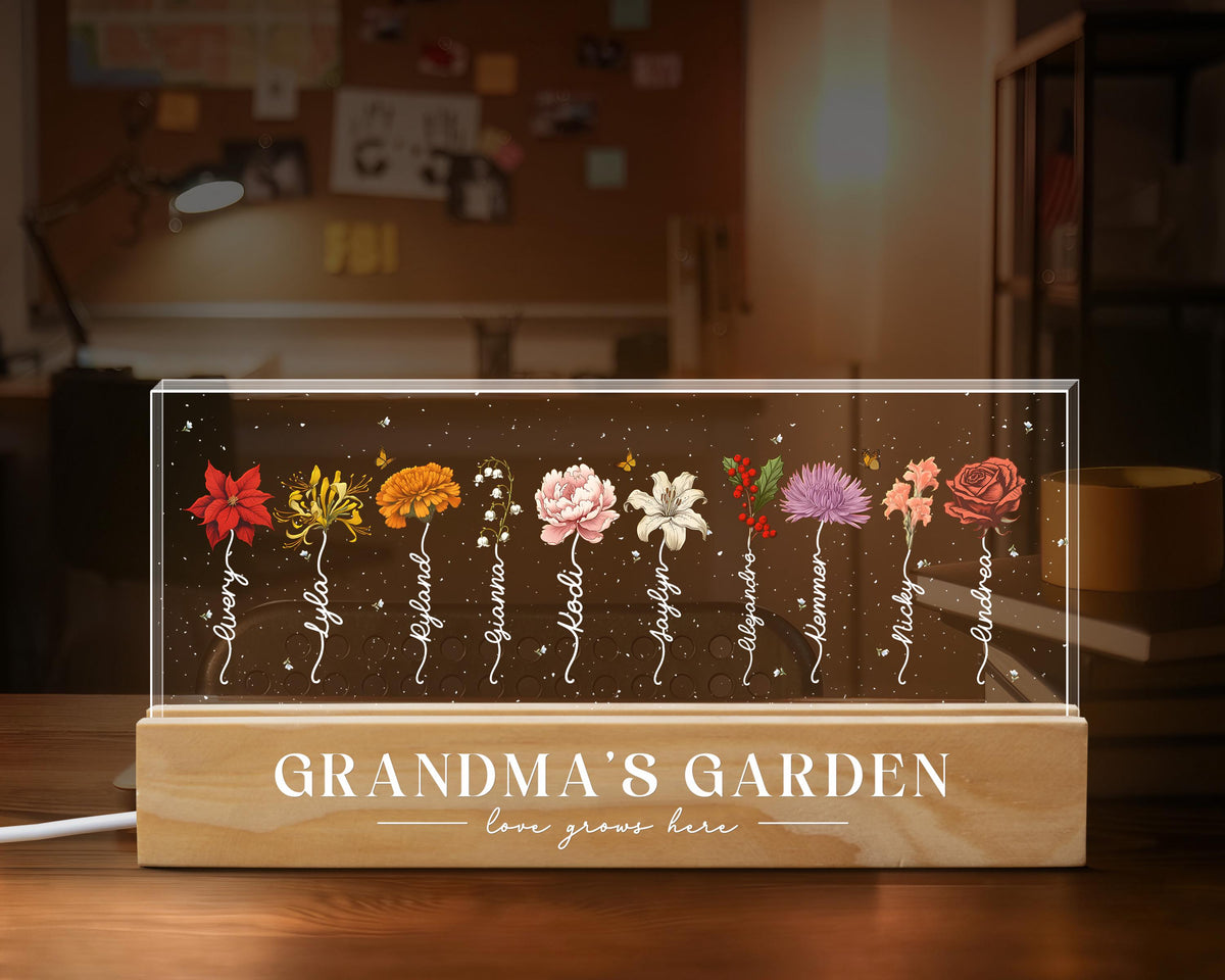 Mother's Day Gift Grandma's Garden Birth Month Flower Personalized LED Night Light, Grandparent Gift For Grandma Mom, Custom Night Light
