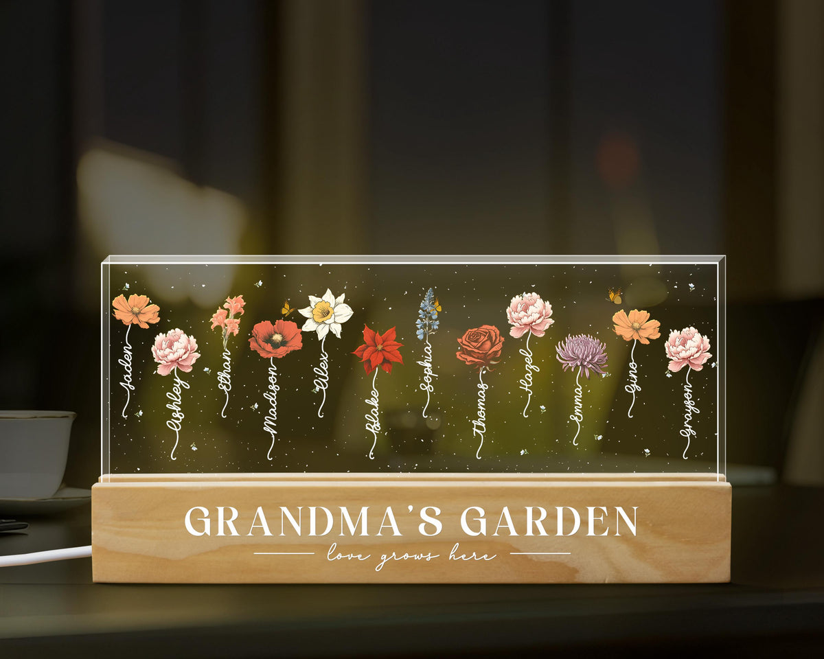 Mother's Day Gift Grandma's Garden Birth Month Flower Personalized LED Night Light, Grandparent Gift For Grandma Mom, Custom Night Light